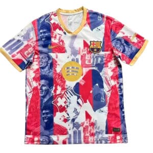 Bright FC Barcelona jersey with a red-blue collage, featuring the club crest and a gold Spotify circle logo on the chest.