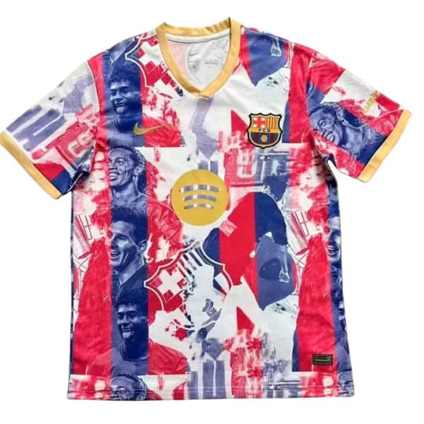 Bright FC Barcelona jersey with a red-blue collage, featuring the club crest and a gold Spotify circle logo on the chest.