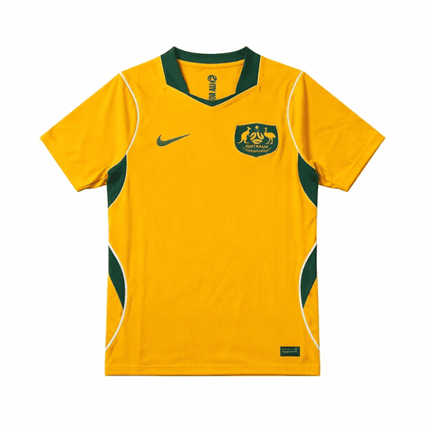 Yellow Australia soccer jersey with green side panels, green collar trim, Nike swoosh on the chest, and team crest on the left chest.