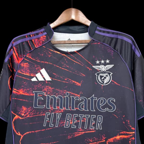 Benfica football jersey with eagle wing design, black and red colors, and club crest.