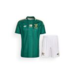Official South Africa away football kit for kids, featuring green jersey and white shorts for 2026 W.