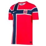 Red Norway national football jersey featuring a bold blue cross stripe and crest on the chest area.