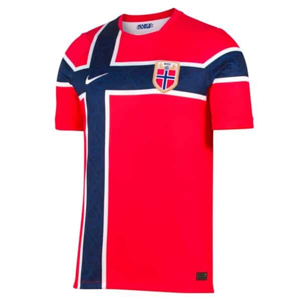 Red Norway national football jersey featuring a bold blue cross stripe and crest on the chest area.