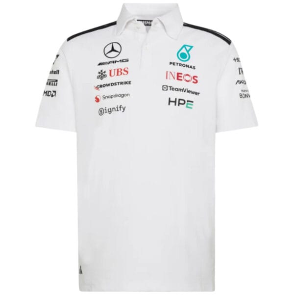 White polo shirt covered in sponsor logos (Mercedes AMG, Petronas, INEOS, UBS, TeamViewer, HPE) on the chest, with additional logos on sleeves.