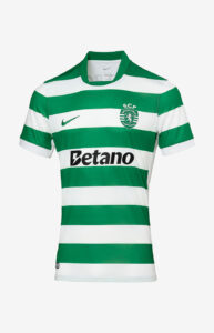 Green and white striped football jersey with SCP crest, Betano sponsor, and Nike logo.