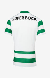 Back view of a white soccer jersey with two green horizontal bands near the lower torso and 'SUPER BOCK' text across the upper back.