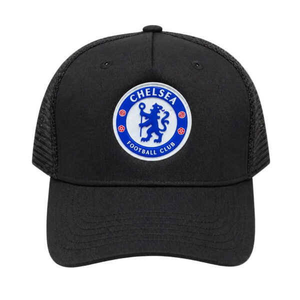 Black baseball cap featuring Chelsea Football Club crest in blue and white on the front panel