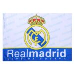 Flag/banner featuring Real Madrid crest (crown and interlocking letters) with blue lower section reading 'Real Madrid Club de Fútbol'
