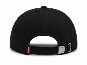 Rear view of a black baseball cap with an adjustable strap and metal buckle; small red Diesel tag visible near strap edge.