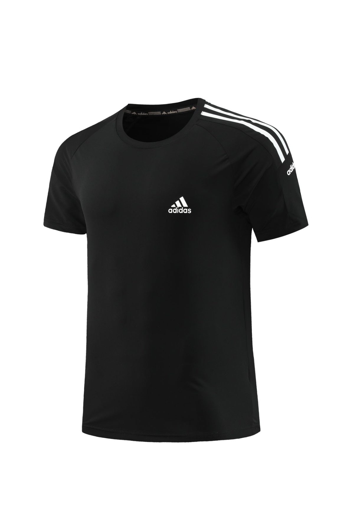 Black Adidas short-sleeve athletic T-shirt with white logo on the chest and three white stripes along the shoulder.