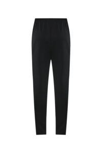 Black elastic-waist pants with a slim, straight leg silhouette.