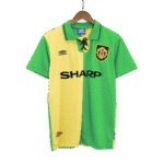 Green and yellow Arsenal-style soccer jersey on a hanger, featuring a crest, Umbro logo, and 'SHARP' sponsor across the front