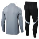 Gray athletic jacket and black track pants with light gray accents, shown from the back (back view).