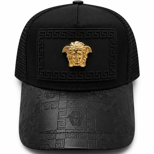 Black baseball cap with a gold Medusa emblem on the front and a Greek key pattern along the patch and brim.