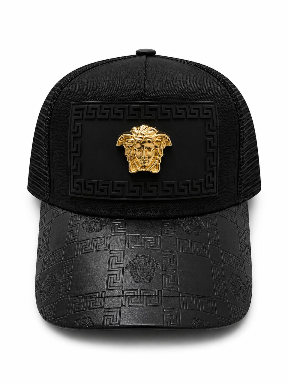 01ac251c-70b4-4f1a-bfd4-e3fd6993598f | UAE SPORT STORE Black baseball cap with a gold Medusa emblem on the front and a Greek key pattern along the patch and brim.