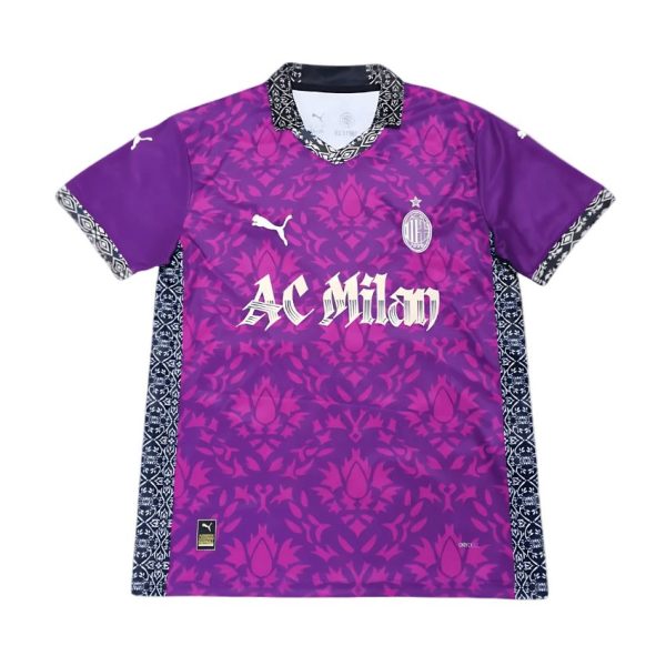 Purple AC Milan football jersey with pink floral pattern, white 'AC Milan' sponsor text, Puma logos, and club crest on chest.