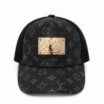 Louis Vuitton black monogram baseball cap with a gold LV plaque on the front panel.