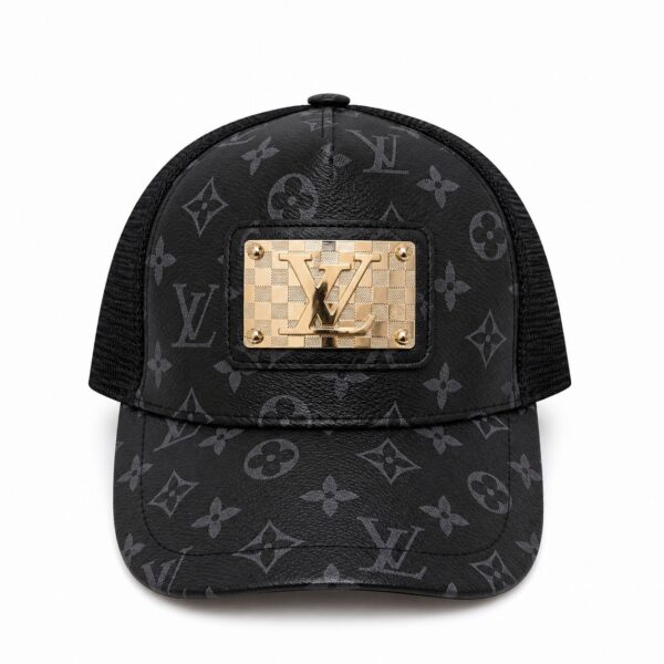 Louis Vuitton black monogram baseball cap with a gold LV plaque on the front panel.