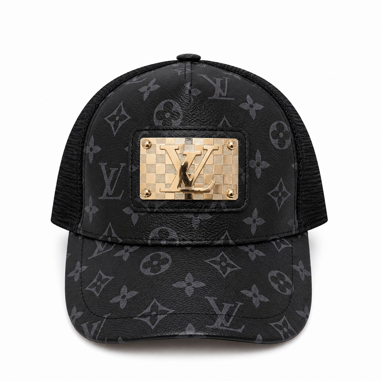 01e89947-74e1-4e7d-8254-8810c26f9a32 Louis Vuitton black monogram baseball cap with a gold LV plaque on the front panel.