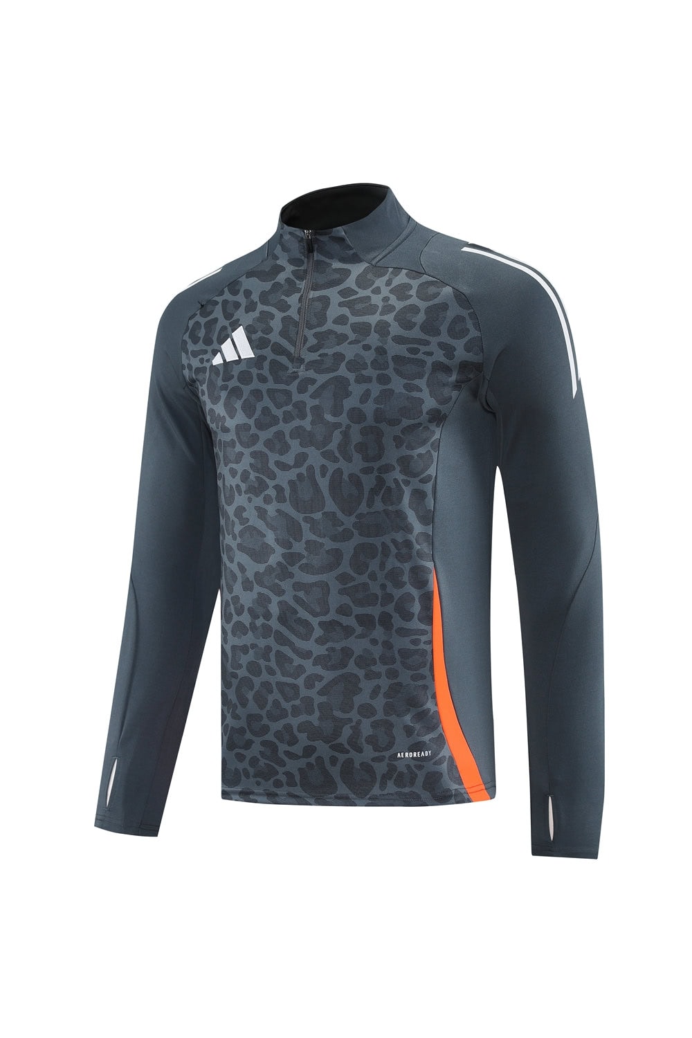 0229931b | UAE SPORT STORE Dark gray leopard-print athletic long-sleeve top with a zip collar, white Adidas logo, and orange side panel detail