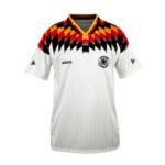 Germany national team white soccer jersey with red–black–orange chevron pattern across the chest and crest on the left chest (Adidas branding).