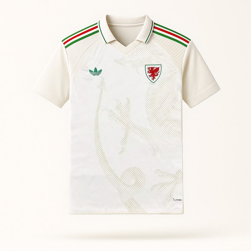 0298e3fecf52e71d White Wales rugby/football jersey with green Adidas logo and red/green shoulder stripes, featuring a Welsh dragon crest on the chest