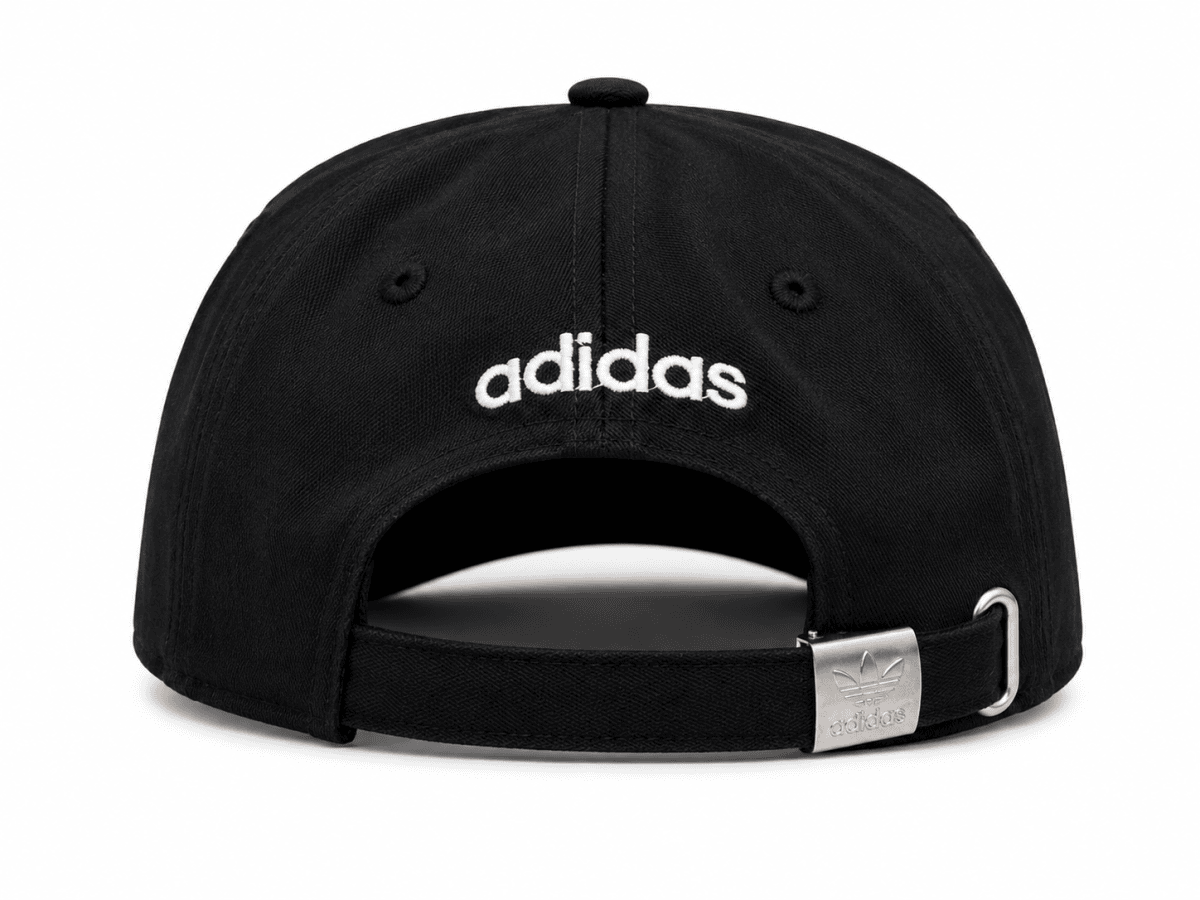Black Adidas baseball cap shown from the back, with an adjustable strap and silver clasp.