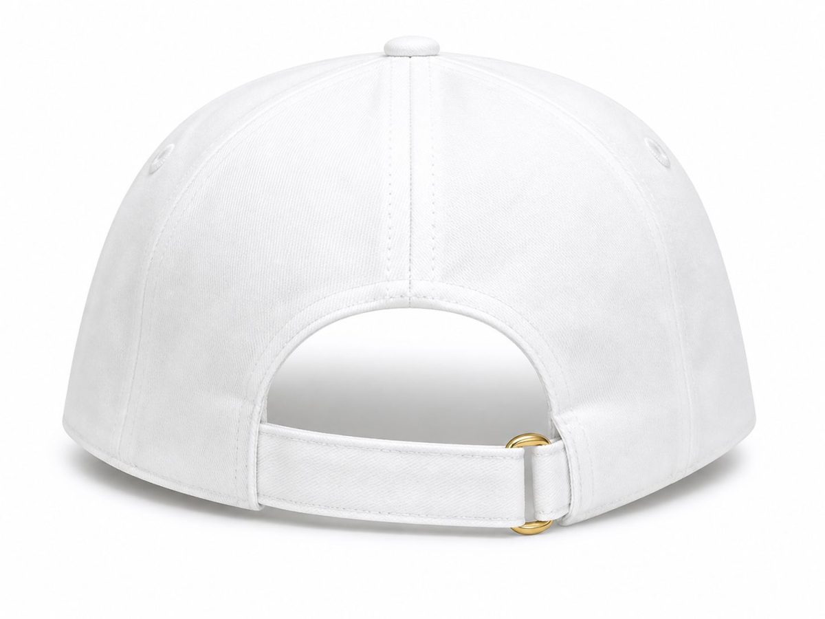 Back view of a white baseball cap with an adjustable strap and gold buckle against a plain background.