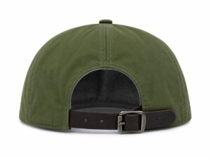 Back view of an olive-green baseball cap with an open back and a brown leather strap with a metal buckle for size adjustment.