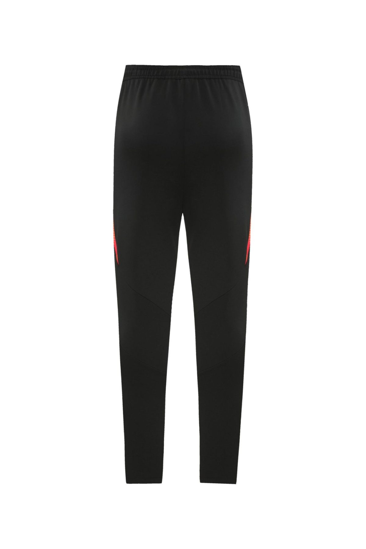 Back view of black athletic pants with red side panels and tapered ankles, showing an Elastic waistband.