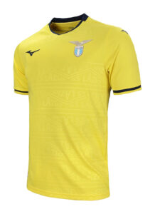 Lazio football jersey in bright yellow with navy trim, crest on the chest, Mizuno logo on the left chest, and a subtle embossed pattern across the front.