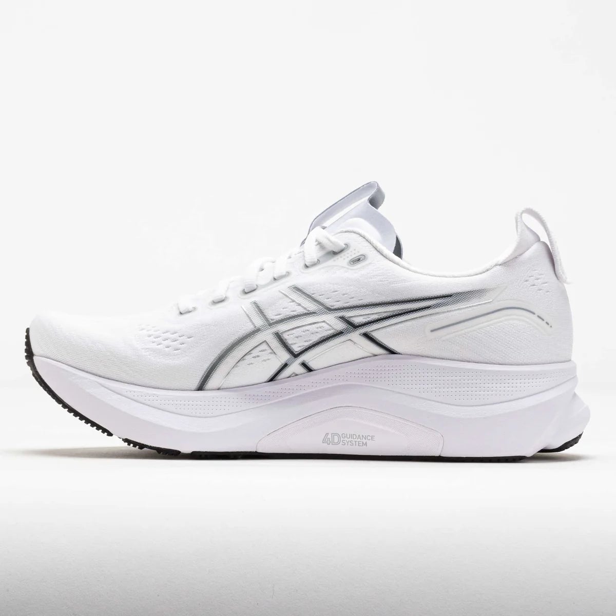 043162_1 | UAE SPORT STORE White running shoe in side view with gray ASICS logo and thick midsole, labeled 4D Guidance System on the sole.