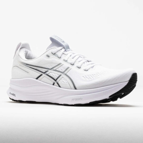 White ASICS running shoe shown from the side, featuring the brand’s striped logo and a thick cushioned sole with a black outsole edge.