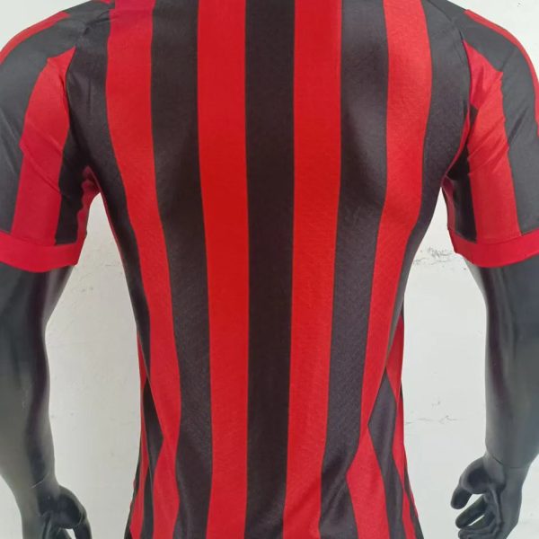 Back view of a red and black vertical-striped soccer jersey with a small crest at the neckline.