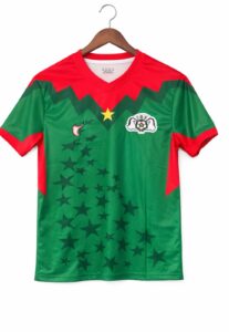 Green and red V-neck sports jersey on a wooden hanger, featuring a star pattern across the front and a crest on the chest.