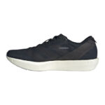 Side view of a navy running sneaker with a thick white sole on a white background, showing a breathable upper and laces.
