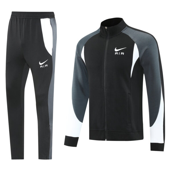 Black and gray Nike Air tracksuit jacket and matching pants with white accents, athletic loungewear set