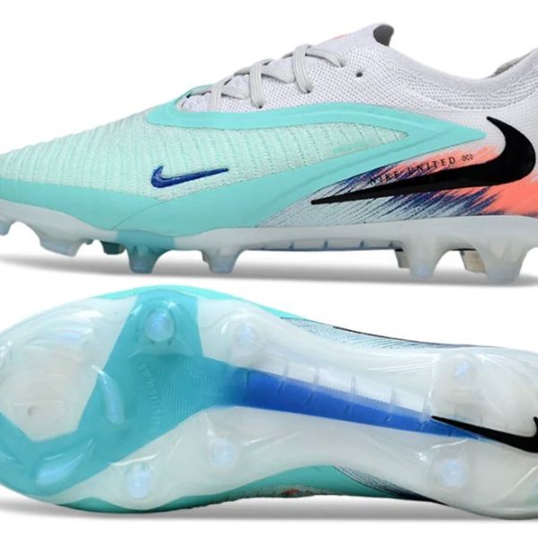 Turquoise and white Nike soccer cleat shown from side and outsole views, with blue swoosh and mint accents.
