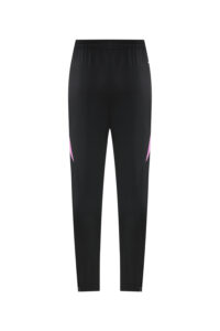 Black athletic joggers with pink curved side panels, back view of the full-length pant legs.