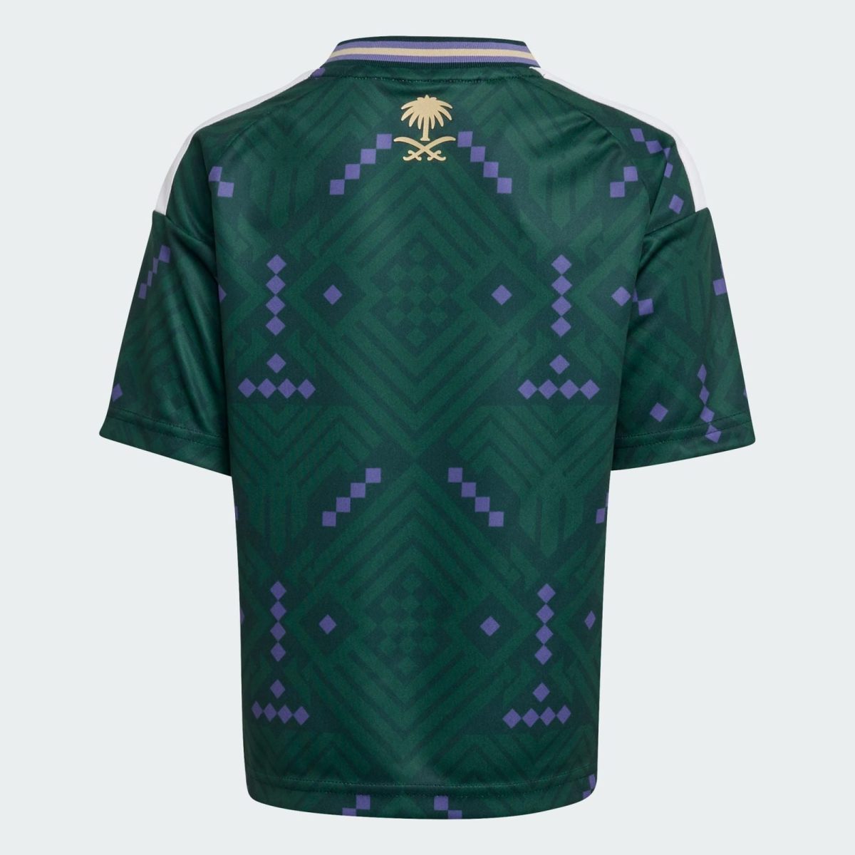 Back of a green athletic jersey with purple diamond/chevron patterns, white shoulder stripe, and a gold palm crest near the collar.