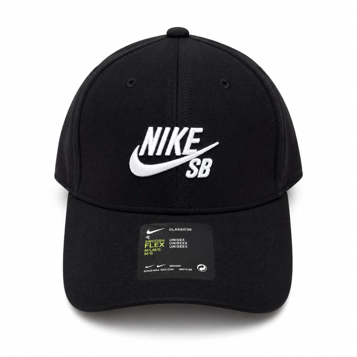 Black Nike SB cap with white embroidered logo on the front, curved brim, front-facing view.