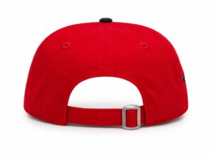 Red baseball cap shown from the back, with a metal buckle strap closure.