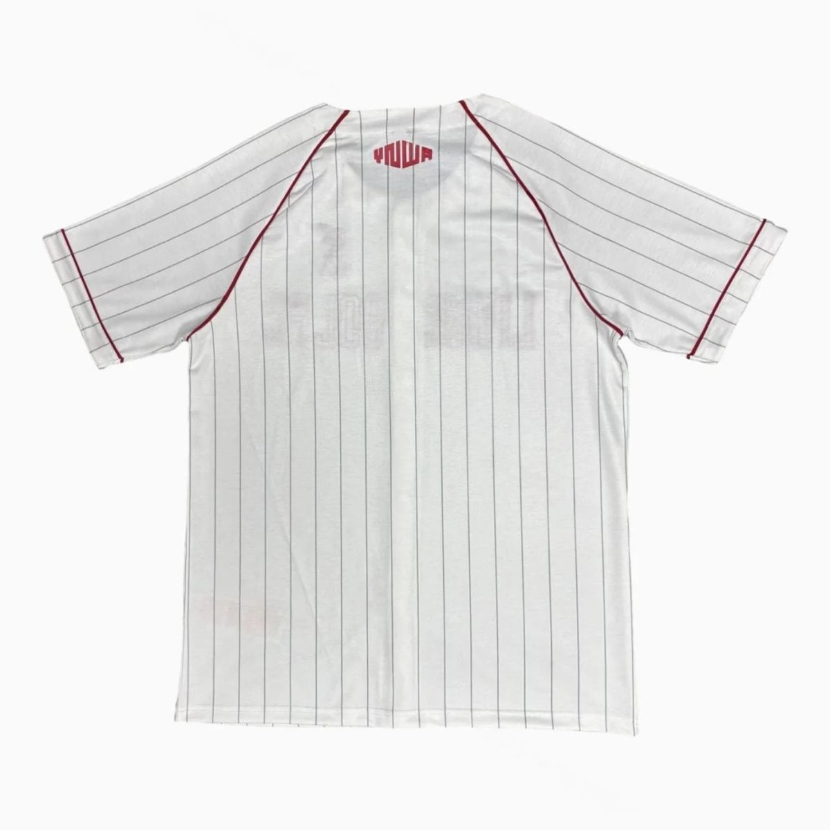 White pinstripe baseball jersey, back view with maroon piping and small logo at the collar.