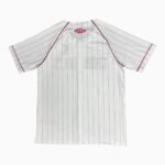 White pinstripe baseball jersey, back view with maroon piping and small logo at the collar.
