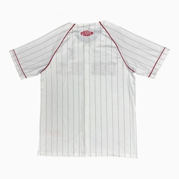 White pinstripe baseball jersey, back view with maroon piping and small logo at the collar.