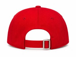 Rear view of a bright red cap with a metal buckle strap and adjustable opening at the back.