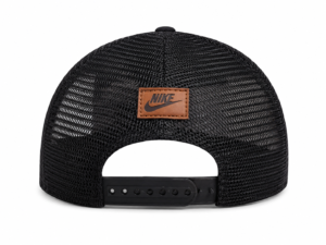 Rear view of a black mesh snapback cap with an orange-brown Nike patch on the center back panel and an adjustable plastic strap.
