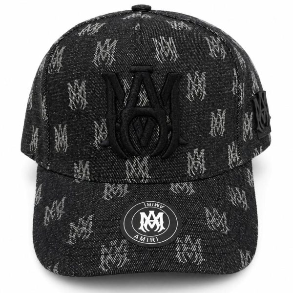 Black baseball cap with an all-over gray AMIRI monogram pattern and a large black embroidered logo on the front; curved brim and side strap detail with AMIRI badge on the brim