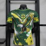 Brazil national team jersey on a black mannequin in a retail display, green and yellow artwork with crest and 'BRASIL' text visible.