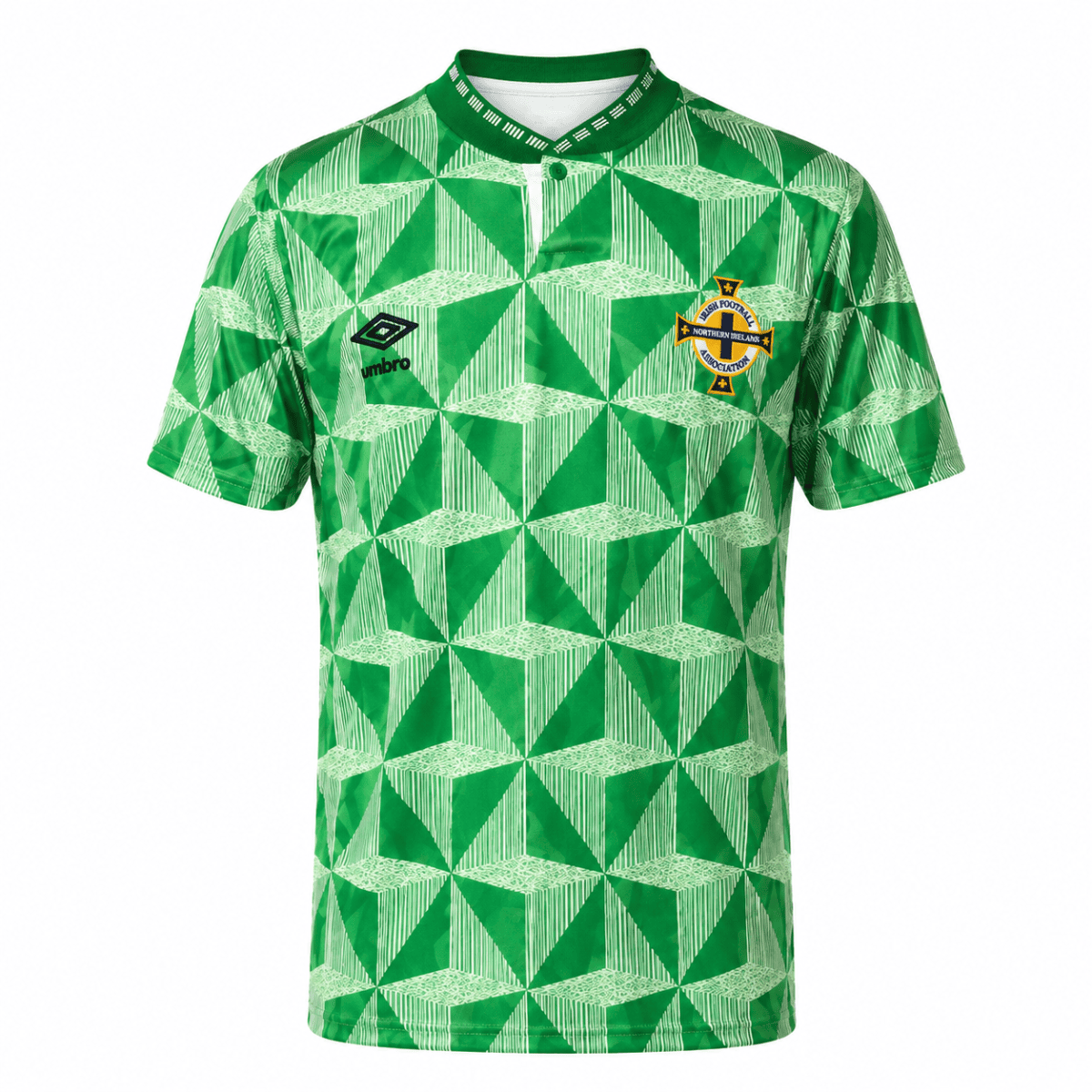 Northern Ireland 1990/92 home soccer jersey with green geometric pattern and crest.
